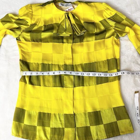 Andre’ Laug Silk Top Green Yellow Checkered Bow Vintage Women’s Sz 8 - Picture 10 of 11